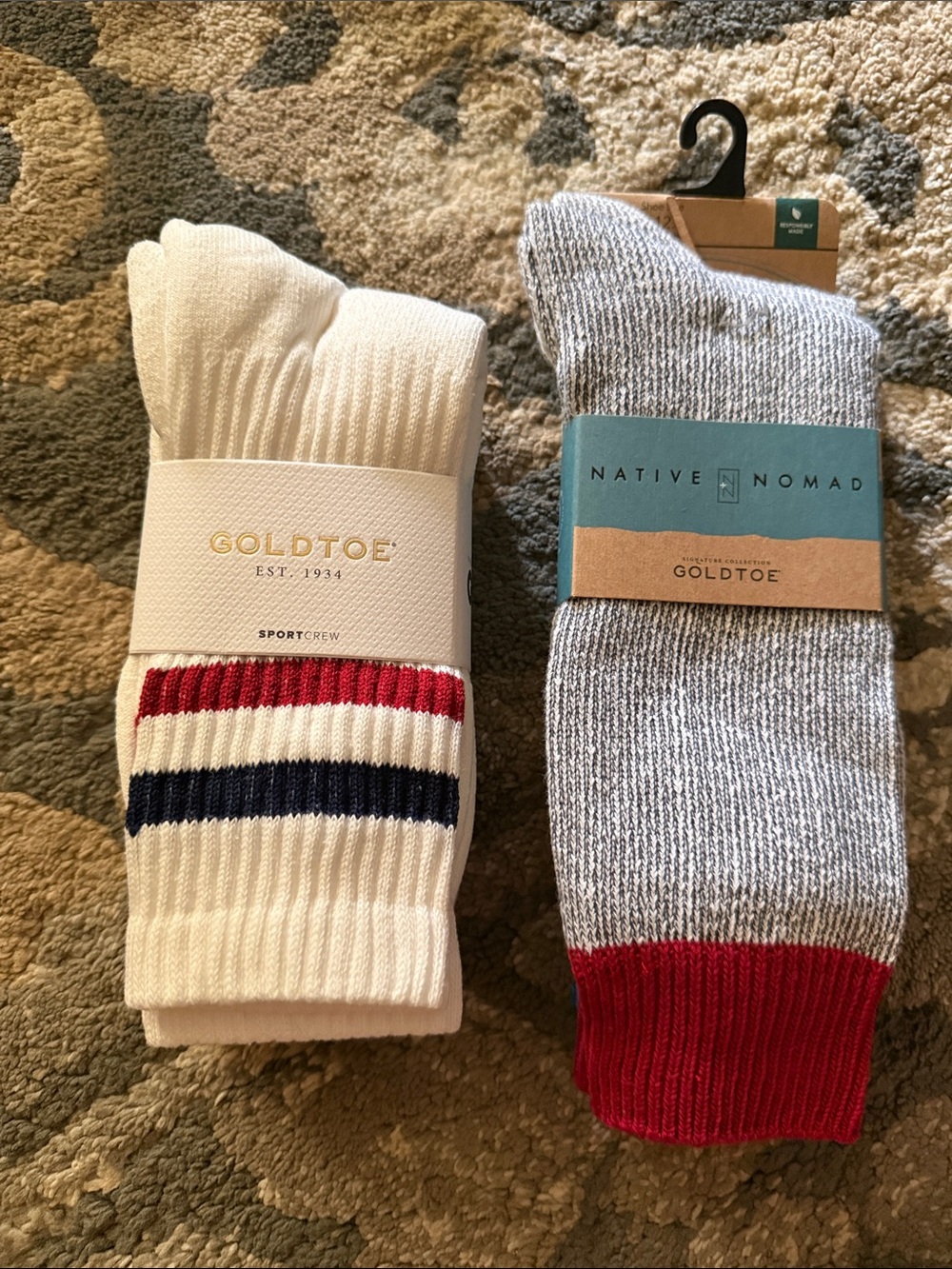 Gold Toe Men’s Crew Socks - White with Red & Navy Stripes / Gray with Red Cuff